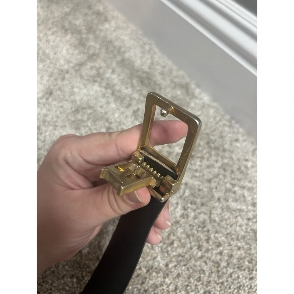 Vtg‎ Leather Belt With Letter E Belt Buckle Black Brown Belt